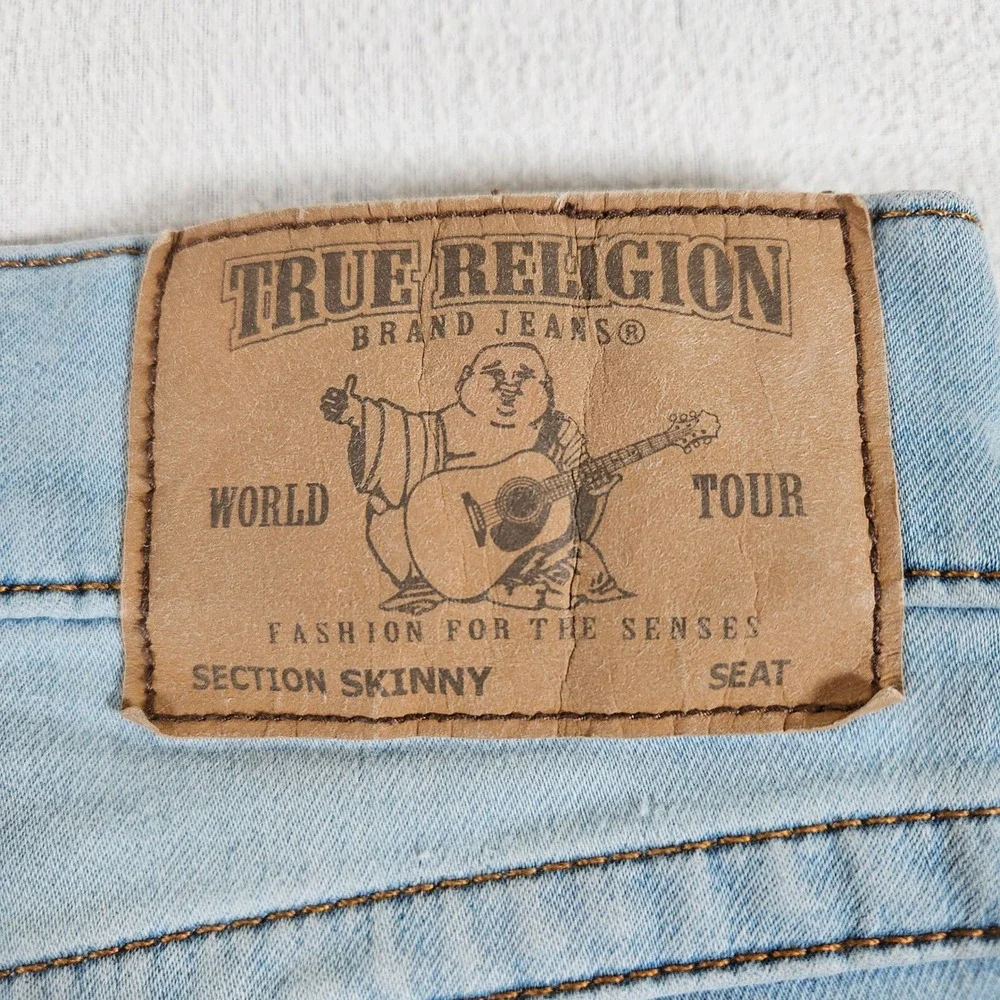 True Religion Denim Shorts Mens 33 Light Blue Section Skinny Raw Hem Horseshoe